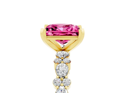Yellow gold Princess Cut Pink Sapphire Solitaire with Side Stones, Pave Band, Four-Prong Setting_65