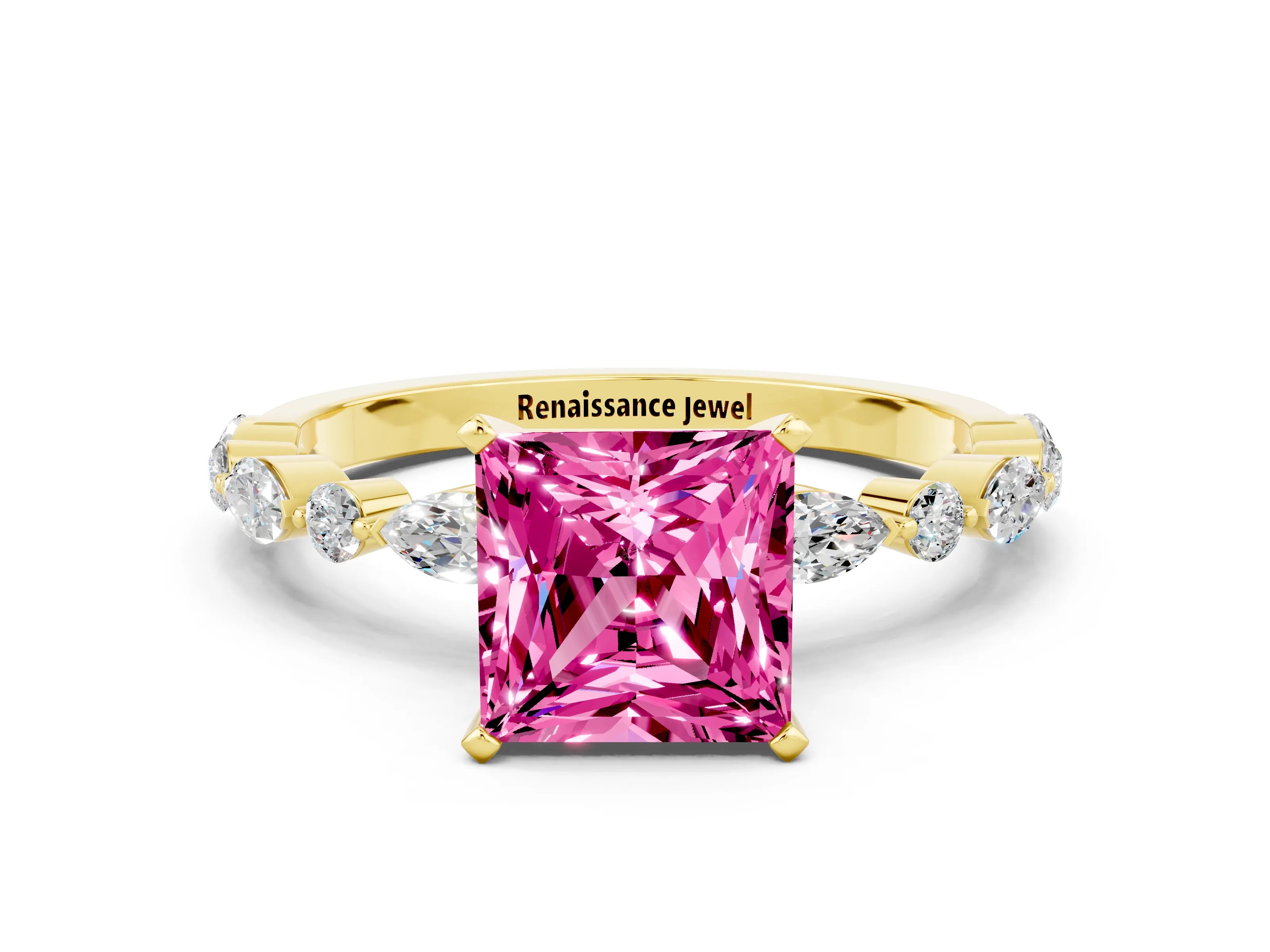 Yellow gold Princess Cut Pink Sapphire Solitaire with Side Stones on a Pavé Band and Four-Prong Setting_24