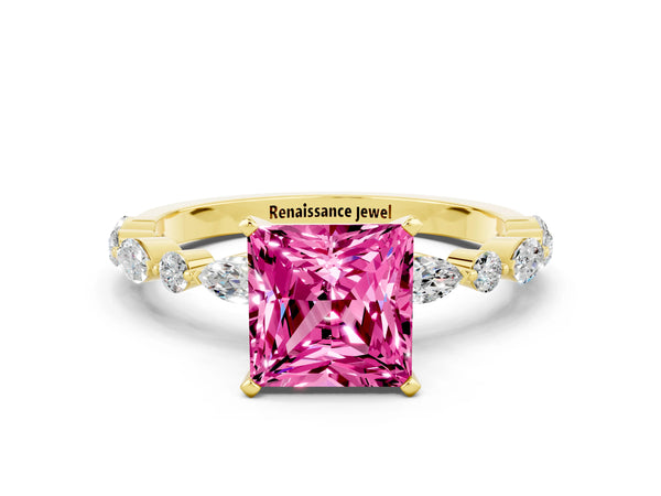 Yellow gold Princess Cut Pink Sapphire Ring with Marquise and Round  Side Stones and Four-Prong Setting