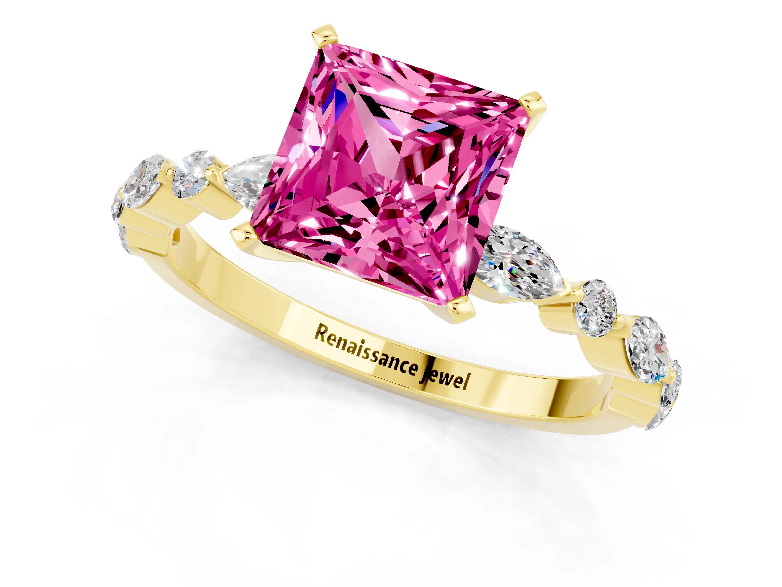 Yellow gold Princess Cut Pink Sapphire Solitaire with Side Stones on a Pavé Band and Four-Prong Setting_25