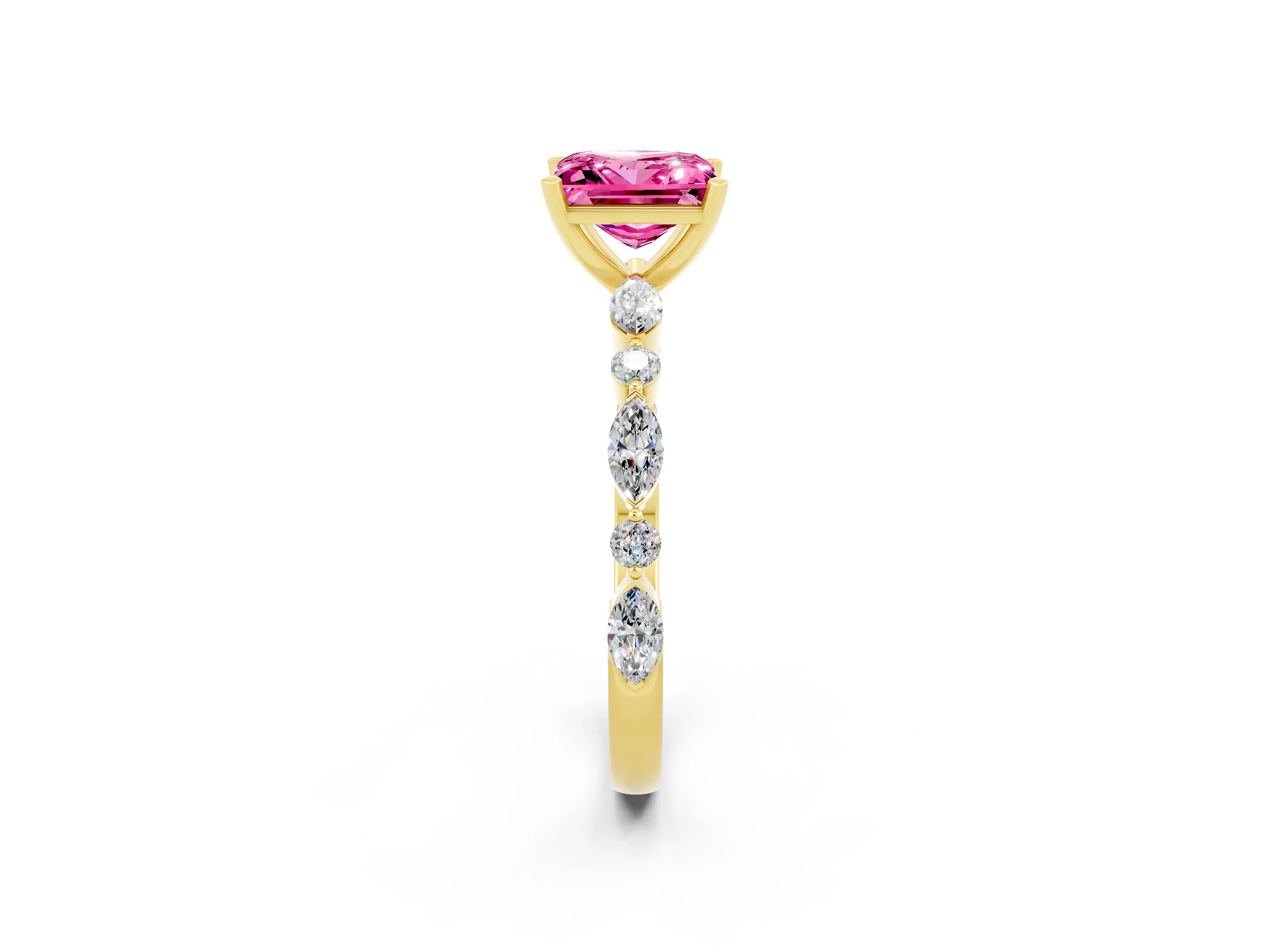 Yellow gold Princess Cut Pink Sapphire Solitaire with Side Stones on a Pavé Band and Four-Prong Setting_26