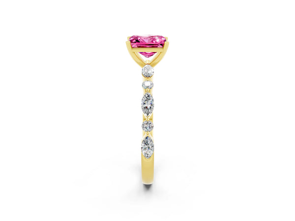 Yellow gold Princess Cut Pink Sapphire Ring with Marquise and Round  Side Stones and Four-Prong Setting