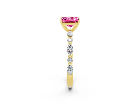 Yellow gold Princess Cut Pink Sapphire Solitaire with Side Stones on a Pavé Band and Four-Prong Setting_26