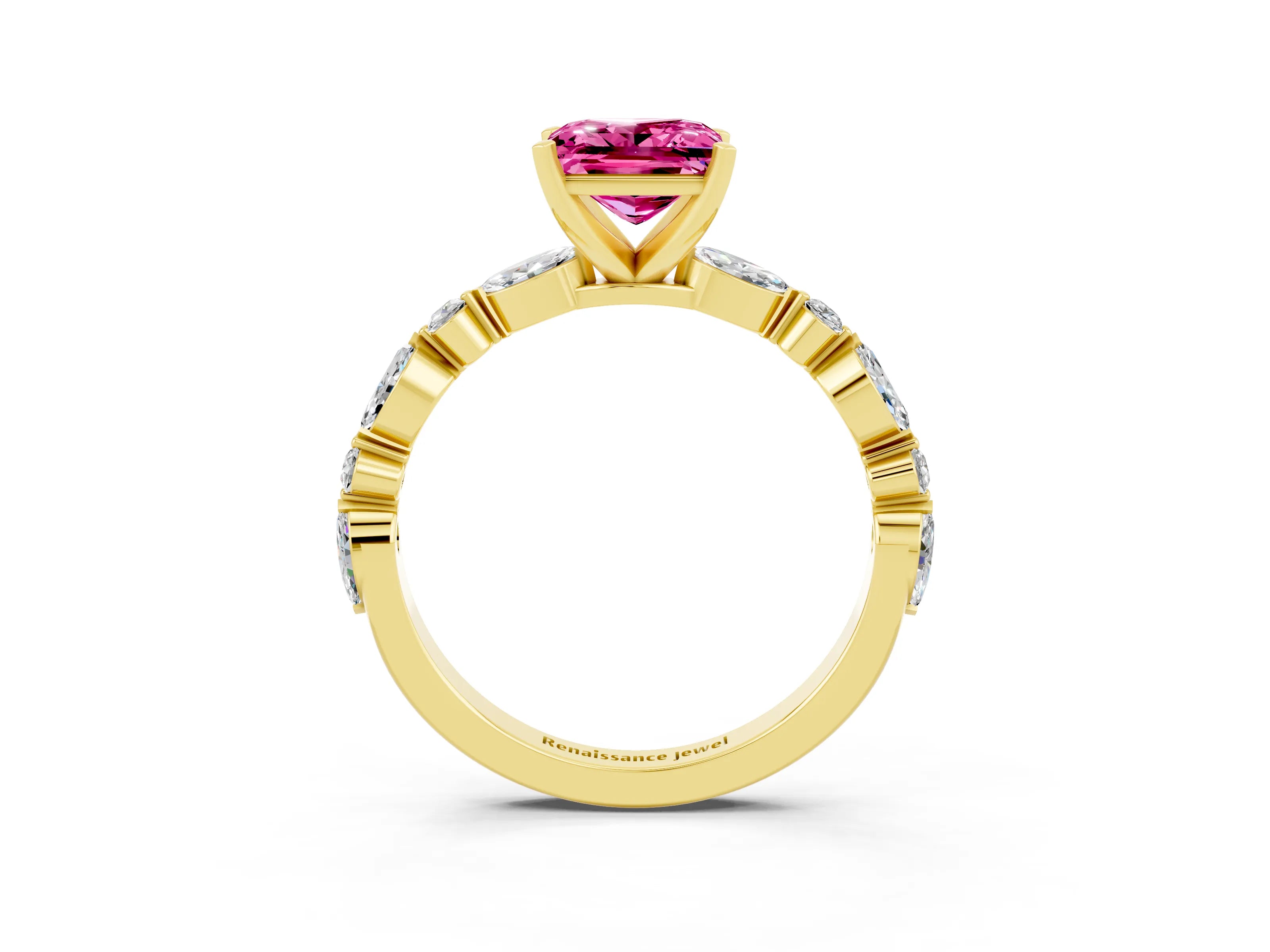Yellow gold Princess Cut Pink Sapphire Solitaire with Side Stones on a Pavé Band and Four-Prong Setting_27