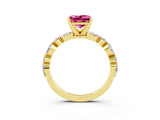 Yellow gold Princess Cut Pink Sapphire Solitaire with Side Stones on a Pavé Band and Four-Prong Setting_27