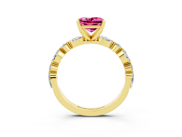 Yellow gold Princess Cut Pink Sapphire Ring with Marquise and Round  Side Stones and Four-Prong Setting