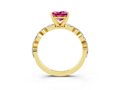 Yellow gold Princess Cut Pink Sapphire Solitaire with Side Stones on a Pavé Band and Four-Prong Setting_27