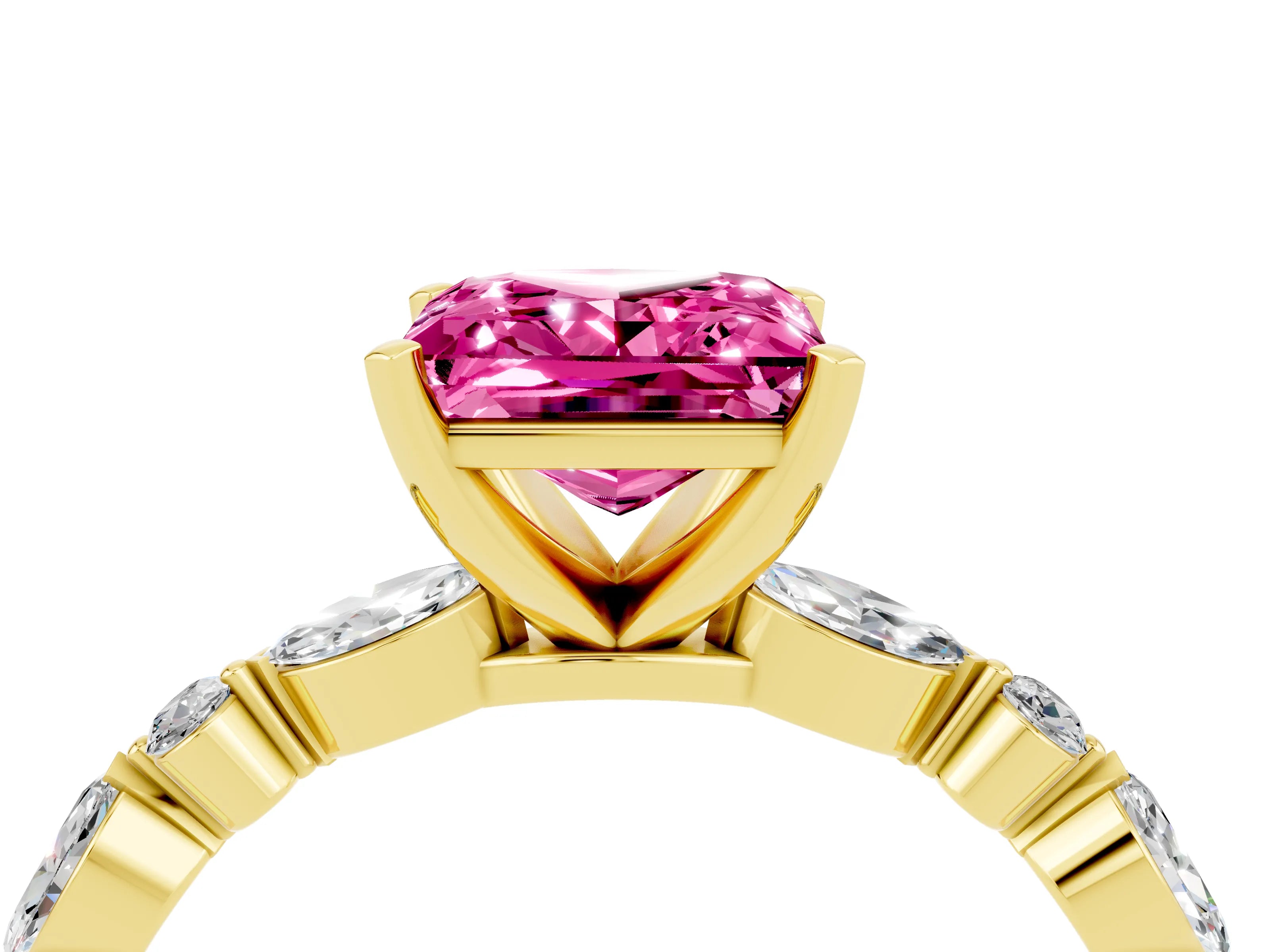 Yellow gold Princess Cut Pink Sapphire Solitaire with Side Stones on a Pavé Band and Four-Prong Setting_28