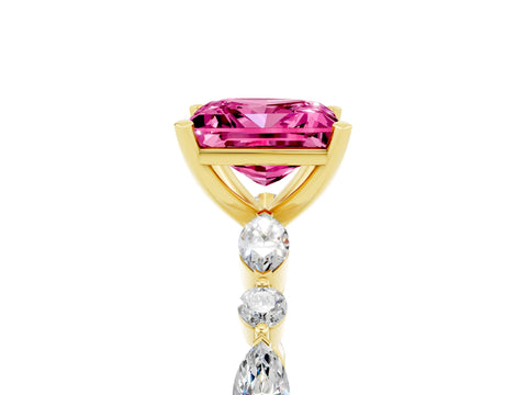 Yellow gold Princess Cut Pink Sapphire Solitaire with Side Stones on a Pavé Band and Four-Prong Setting_29