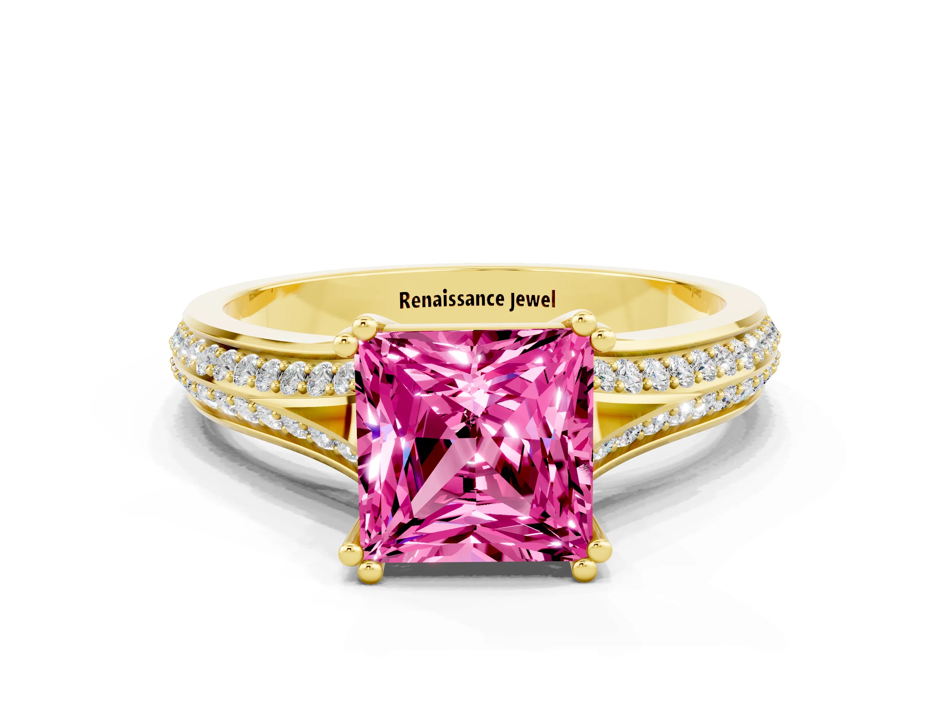 Yellow gold Princess Cut Pink Sapphire Split Shank Engagement Ring with Pavé Band_24
