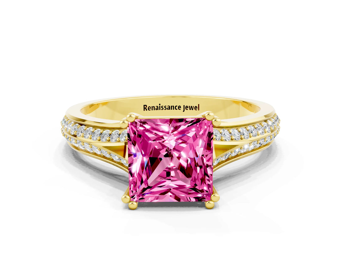 Yellow gold Princess Cut Pink Sapphire Split Shank Engagement Ring with Pavé Band_24
