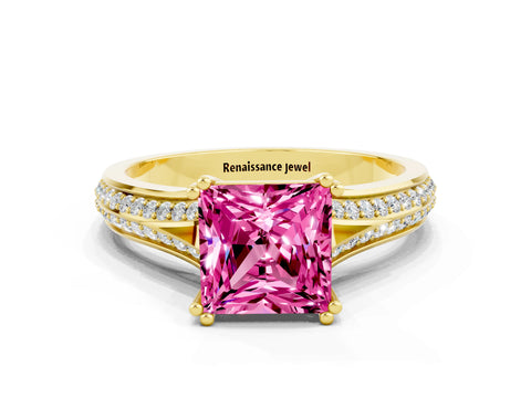 Yellow gold Princess Cut Pink Sapphire Split Shank Engagement Ring with Pavé Band_24