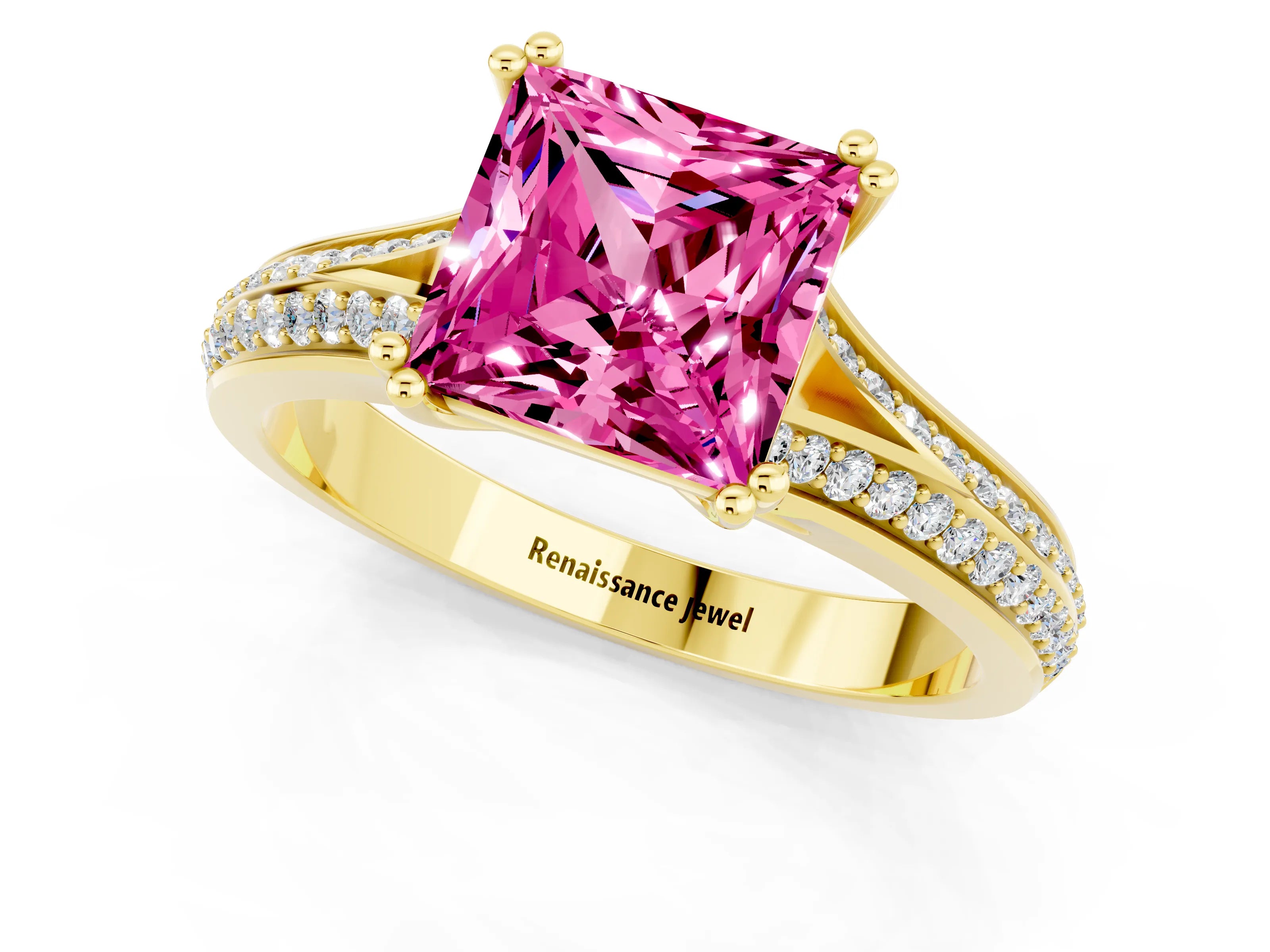 Yellow gold Princess Cut Pink Sapphire Split Shank Engagement Ring with Pavé Band_25
