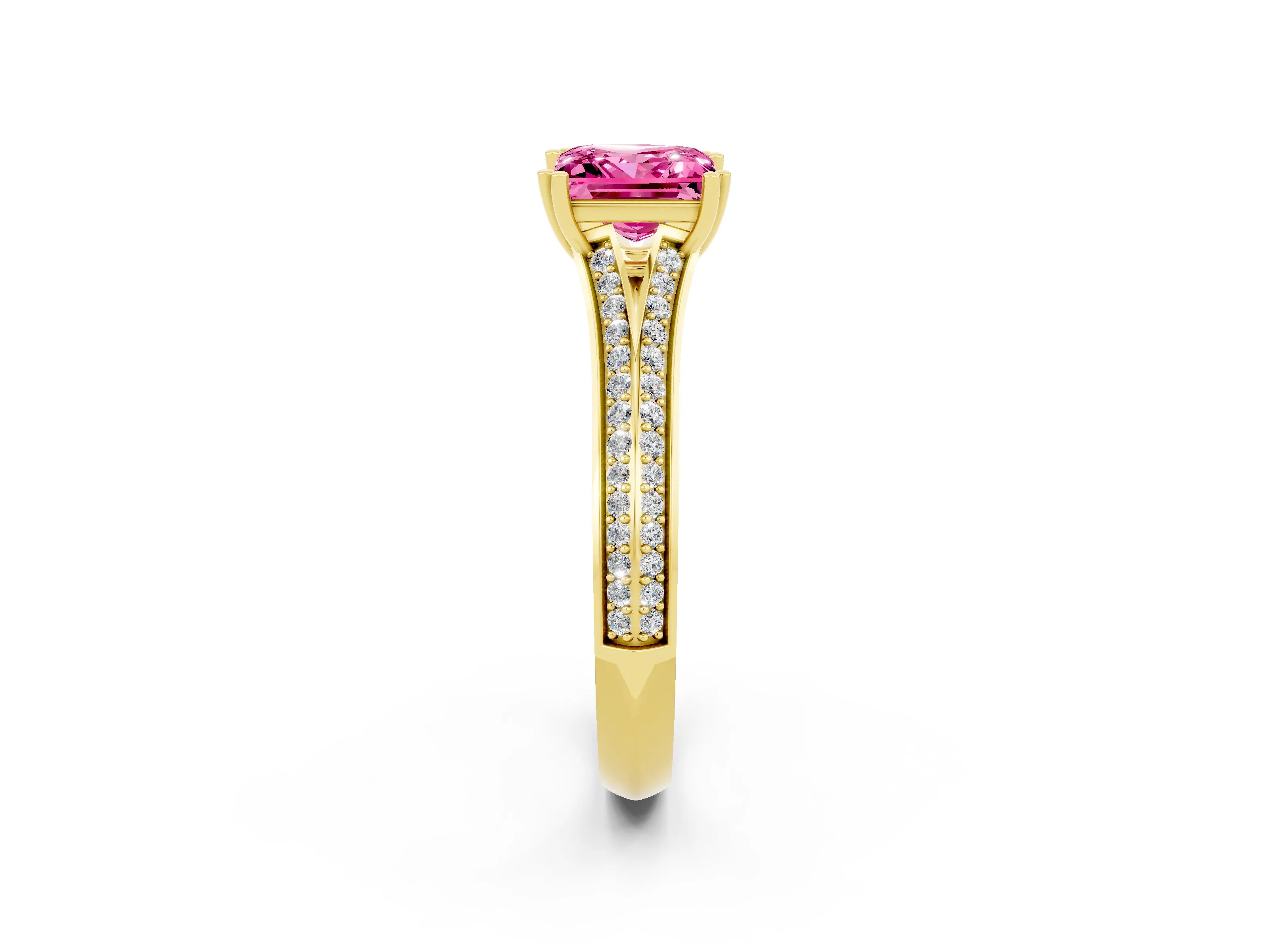 Yellow gold Princess Cut Pink Sapphire Split Shank Engagement Ring with Pavé Band_26