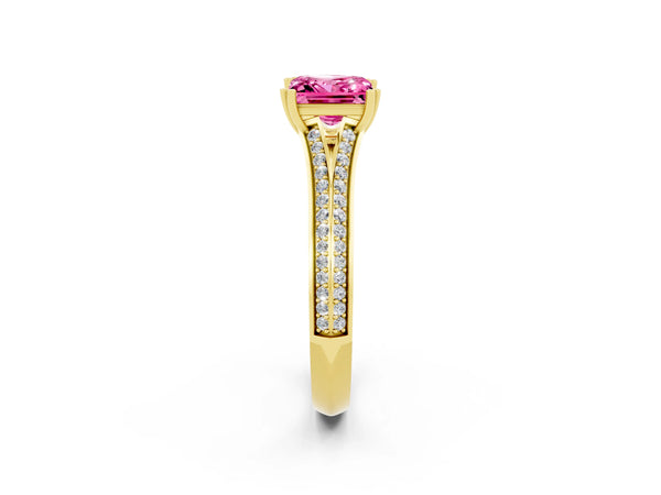 Yellow gold Princess Cut Pink Sapphire Split Shank Engagement Ring with Pavé Band