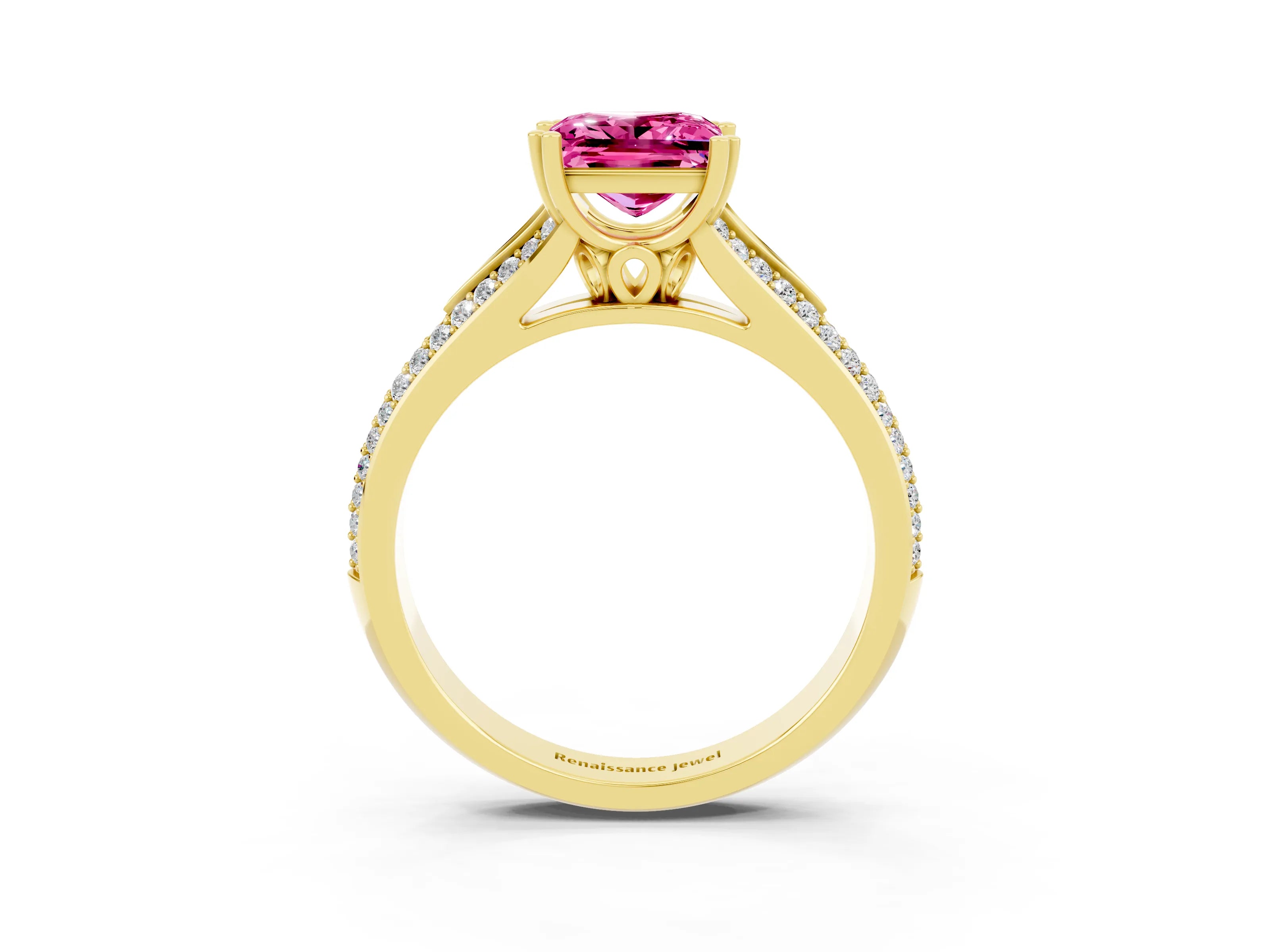 Yellow gold Princess Cut Pink Sapphire Split Shank Engagement Ring with Pavé Band_27