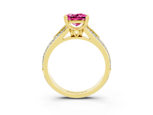 Yellow gold Princess Cut Pink Sapphire Split Shank Engagement Ring with Pavé Band