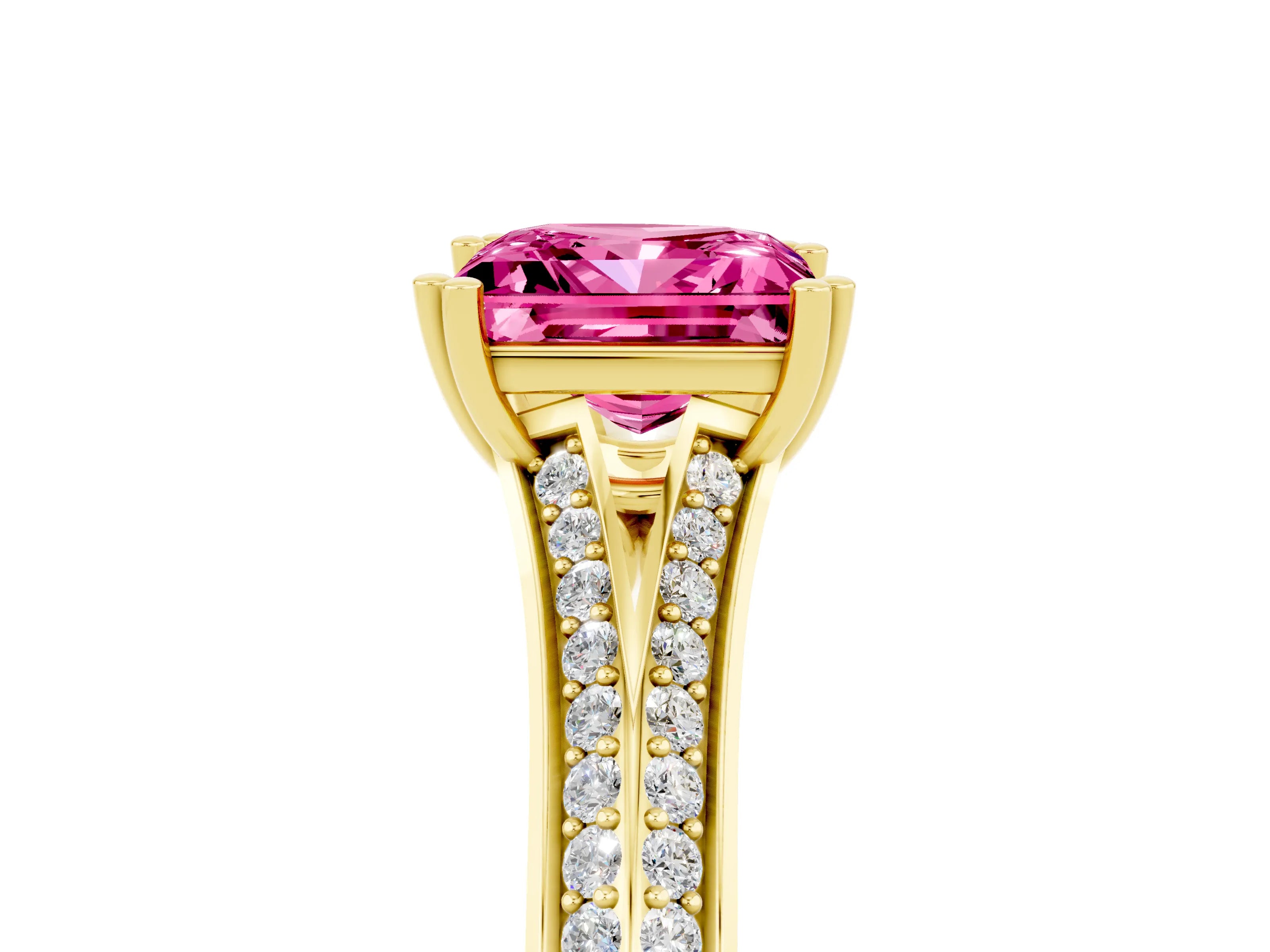 Yellow gold Princess Cut Pink Sapphire Split Shank Engagement Ring with Pavé Band_29