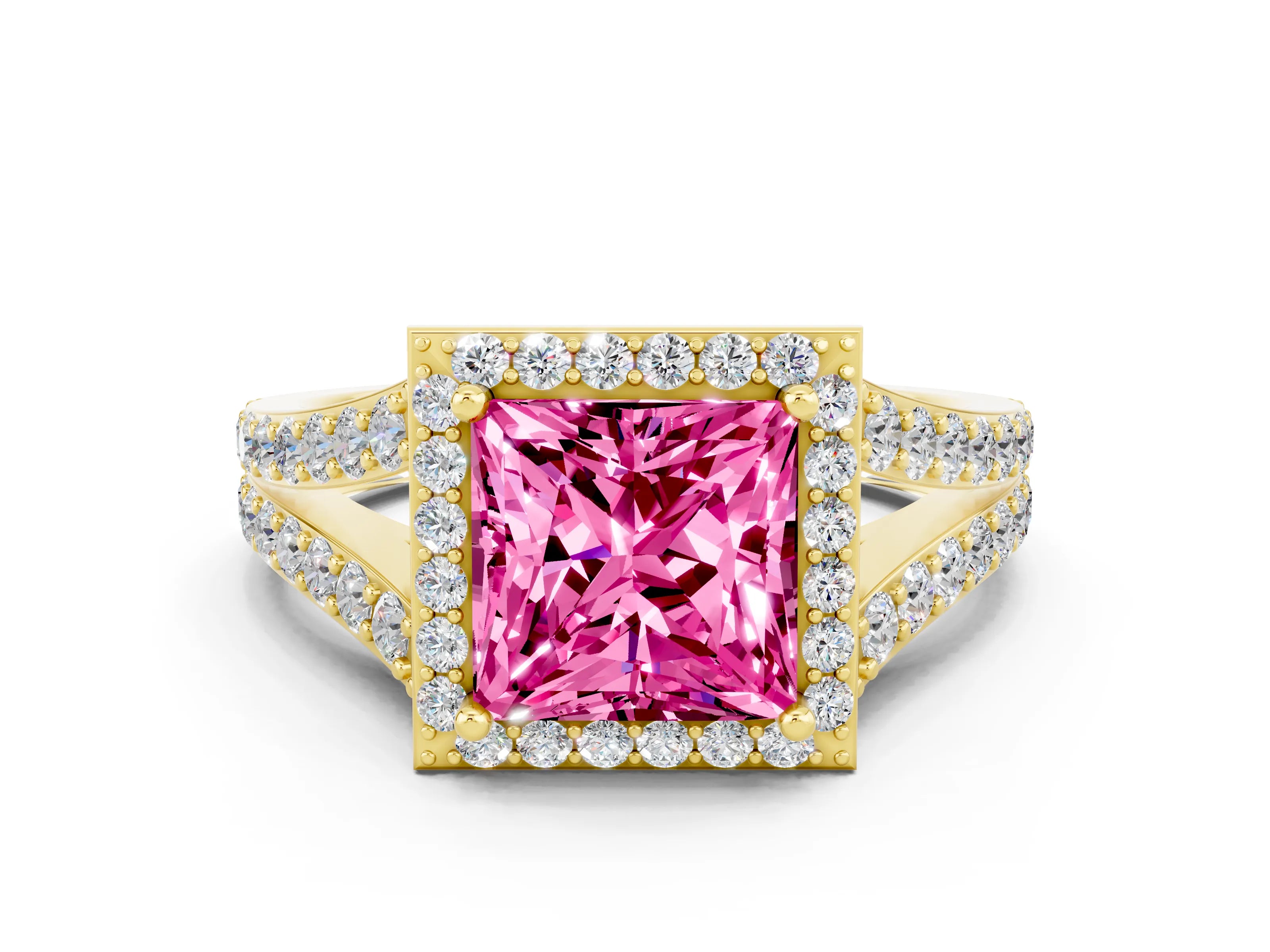 Yellow gold Princess Cut Pink Sapphire Split Shank Halo Ring with Four-Prong Setting_12