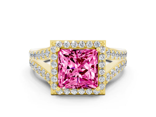 Yellow gold Princess Cut Pink Sapphire Split Shank Halo Ring with Four-Prong Setting