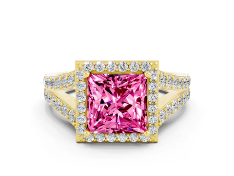 Yellow gold Princess Cut Pink Sapphire Split Shank Halo Ring with Four-Prong Setting_12