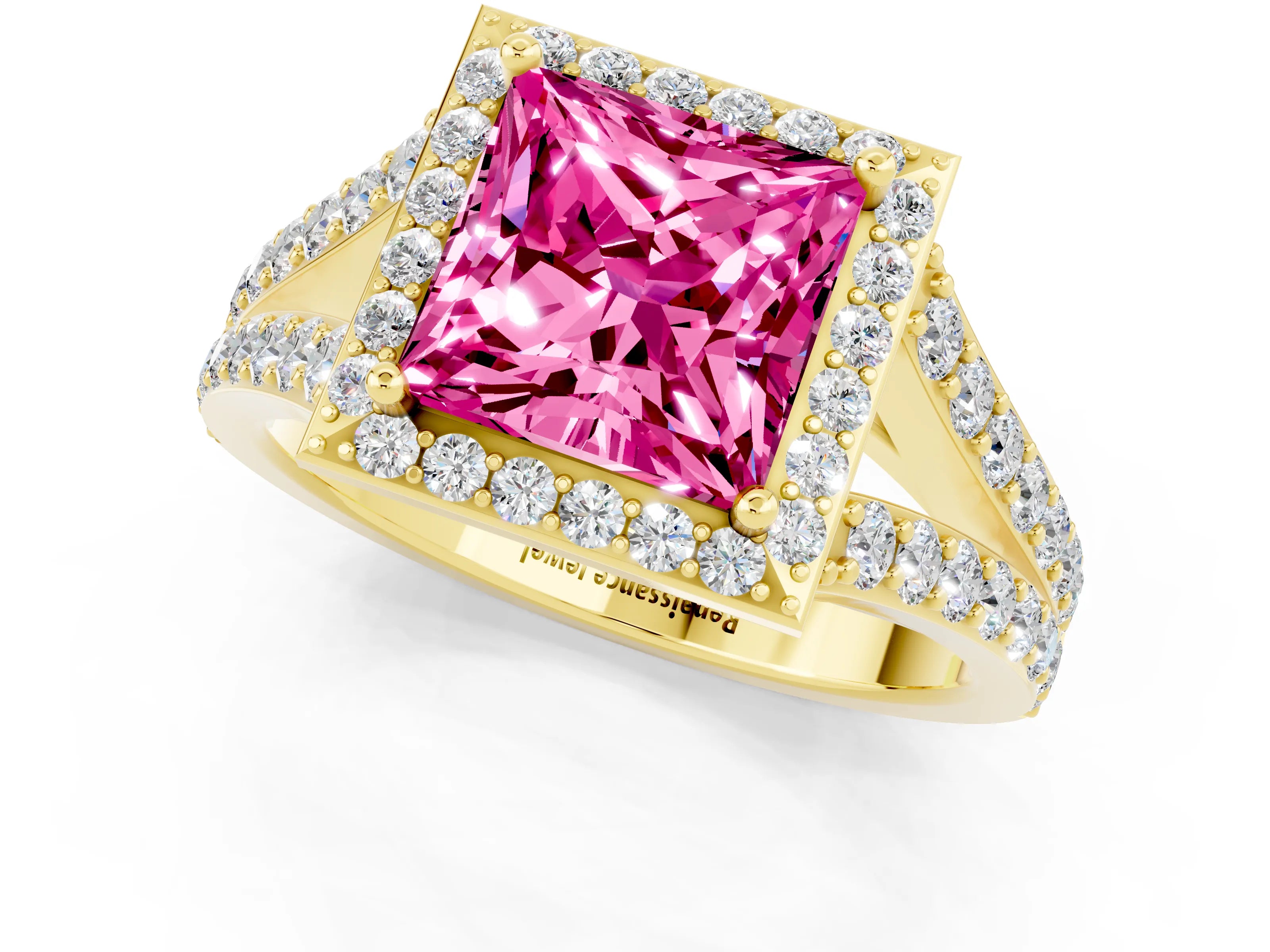 Yellow gold Princess Cut Pink Sapphire Split Shank Halo Ring with Four-Prong Setting_13