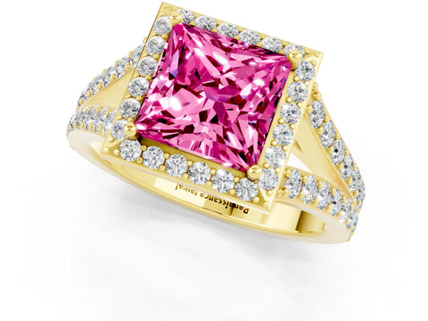 Yellow gold Princess Cut Pink Sapphire Split Shank Halo Ring with Four-Prong Setting_13