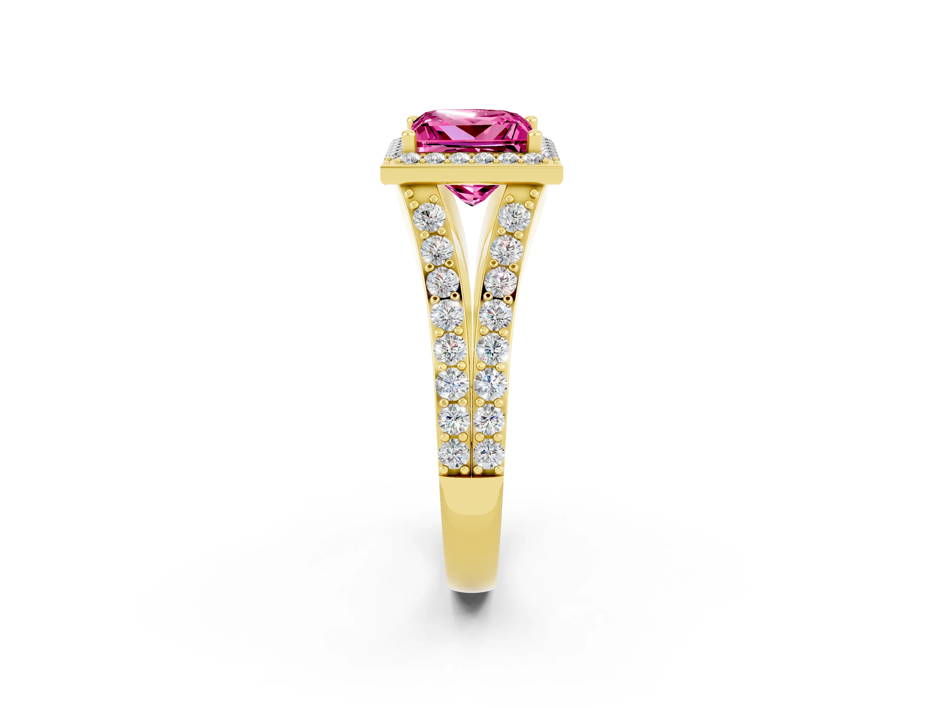 Yellow gold Princess Cut Pink Sapphire Split Shank Halo Ring with Four-Prong Setting_14