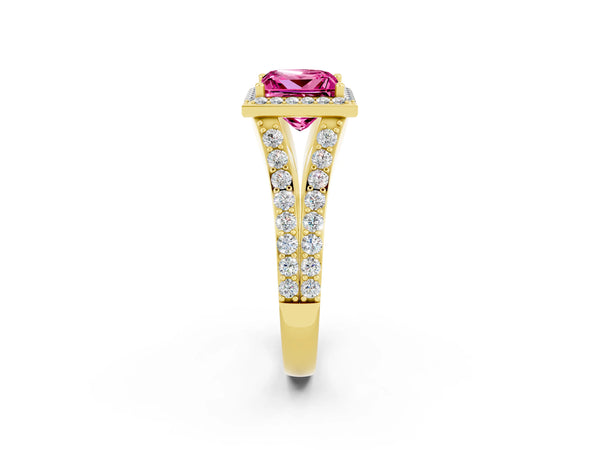 Yellow gold Princess Cut Pink Sapphire Split Shank Halo Ring with Four-Prong Setting