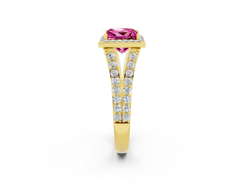 Yellow gold Princess Cut Pink Sapphire Split Shank Halo Ring with Four-Prong Setting_14