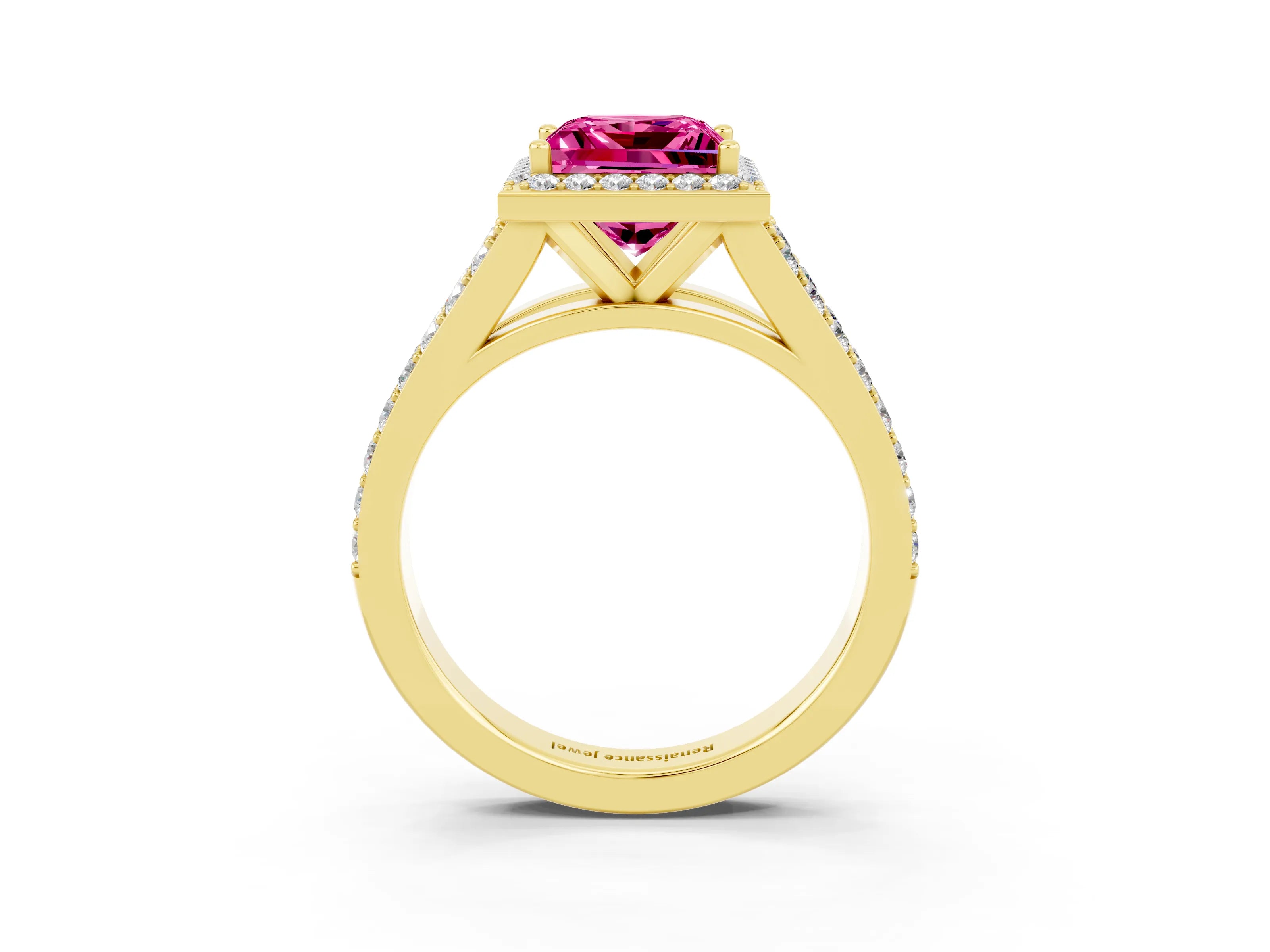 Yellow gold Princess Cut Pink Sapphire Split Shank Halo Ring with Four-Prong Setting_15