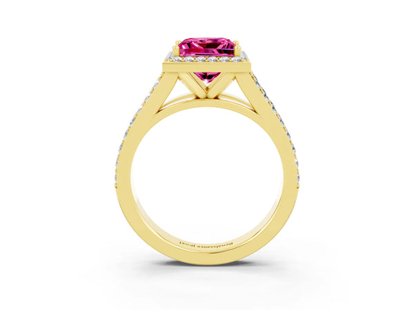 Yellow gold Princess Cut Pink Sapphire Split Shank Halo Ring with Four-Prong Setting