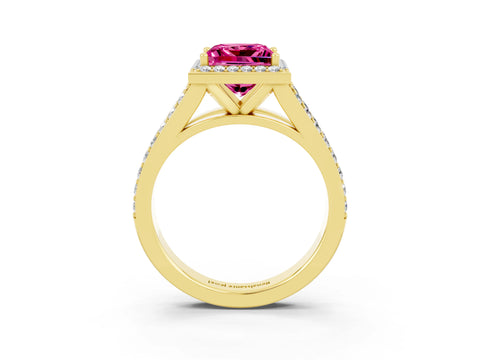 Yellow gold Princess Cut Pink Sapphire Split Shank Halo Ring with Four-Prong Setting_15