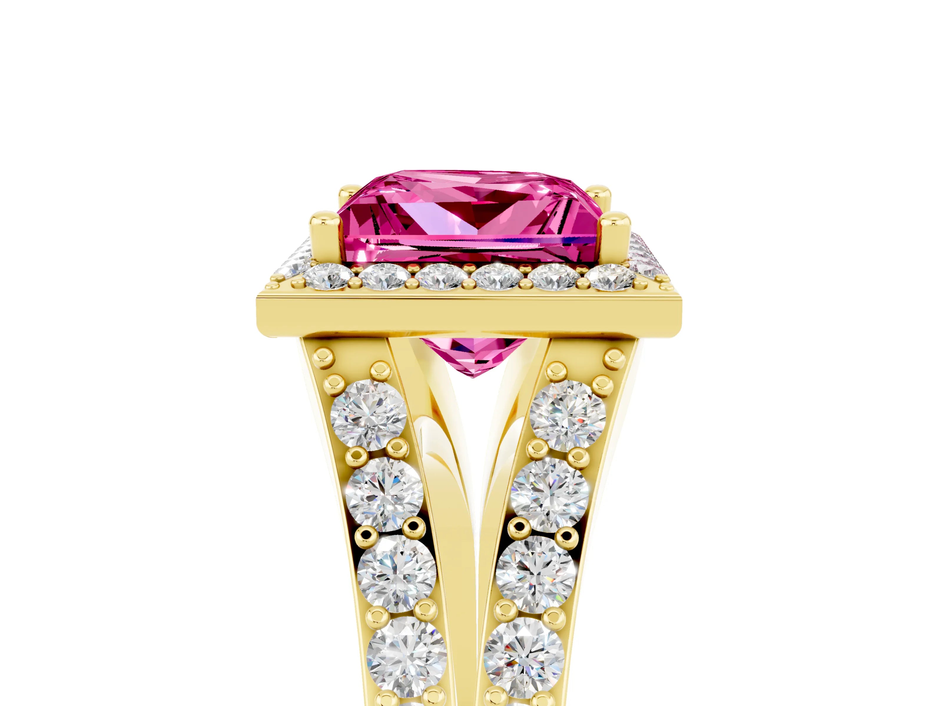 Yellow gold Princess Cut Pink Sapphire Split Shank Halo Ring with Four-Prong Setting_17
