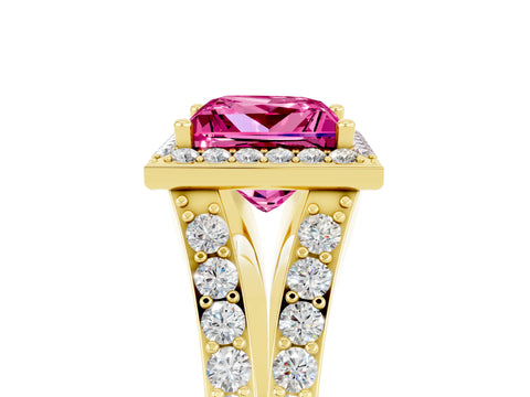 Yellow gold Princess Cut Pink Sapphire Split Shank Halo Ring with Four-Prong Setting_17