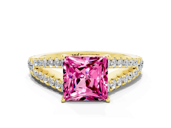 Yellow gold Princess Cut Pink Sapphire Split Shank Pavé Engagement Ring with Four-Prong Setting