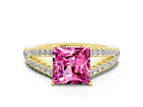 Yellow gold Princess Cut Pink Sapphire Split Shank Pavé Engagement Ring with Four-Prong Setting_12