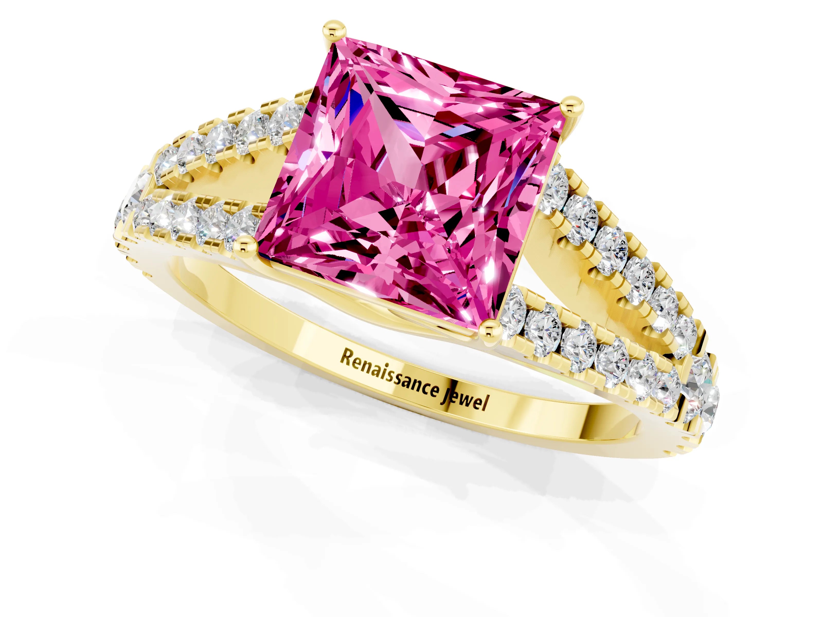 Yellow gold Princess Cut Pink Sapphire Split Shank Pavé Engagement Ring with Four-Prong Setting_13