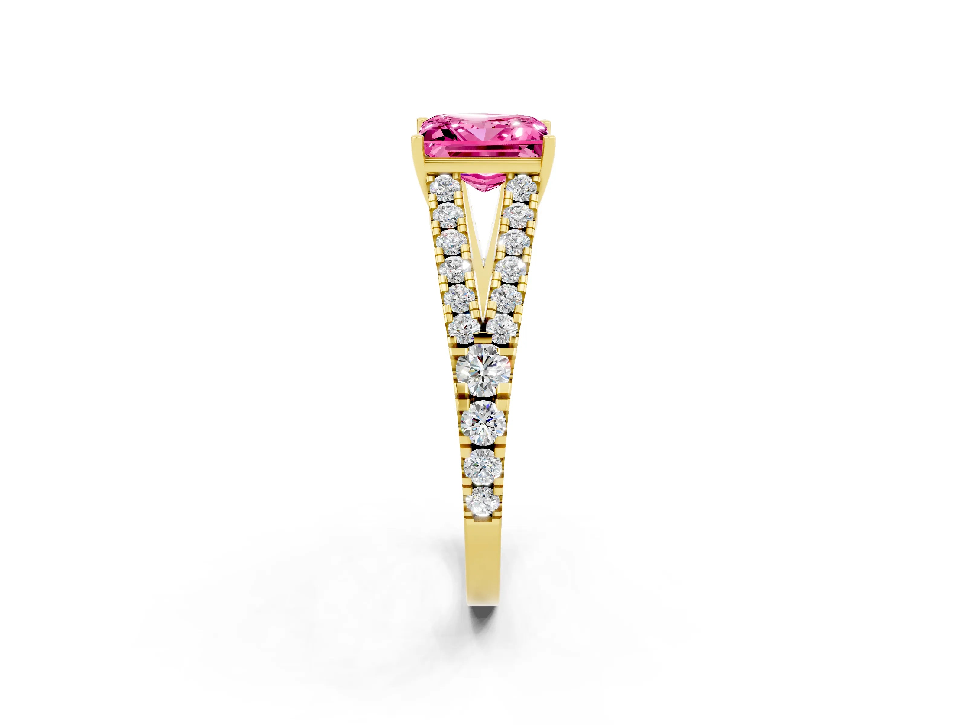 Yellow gold Princess Cut Pink Sapphire Split Shank Pavé Engagement Ring with Four-Prong Setting_14