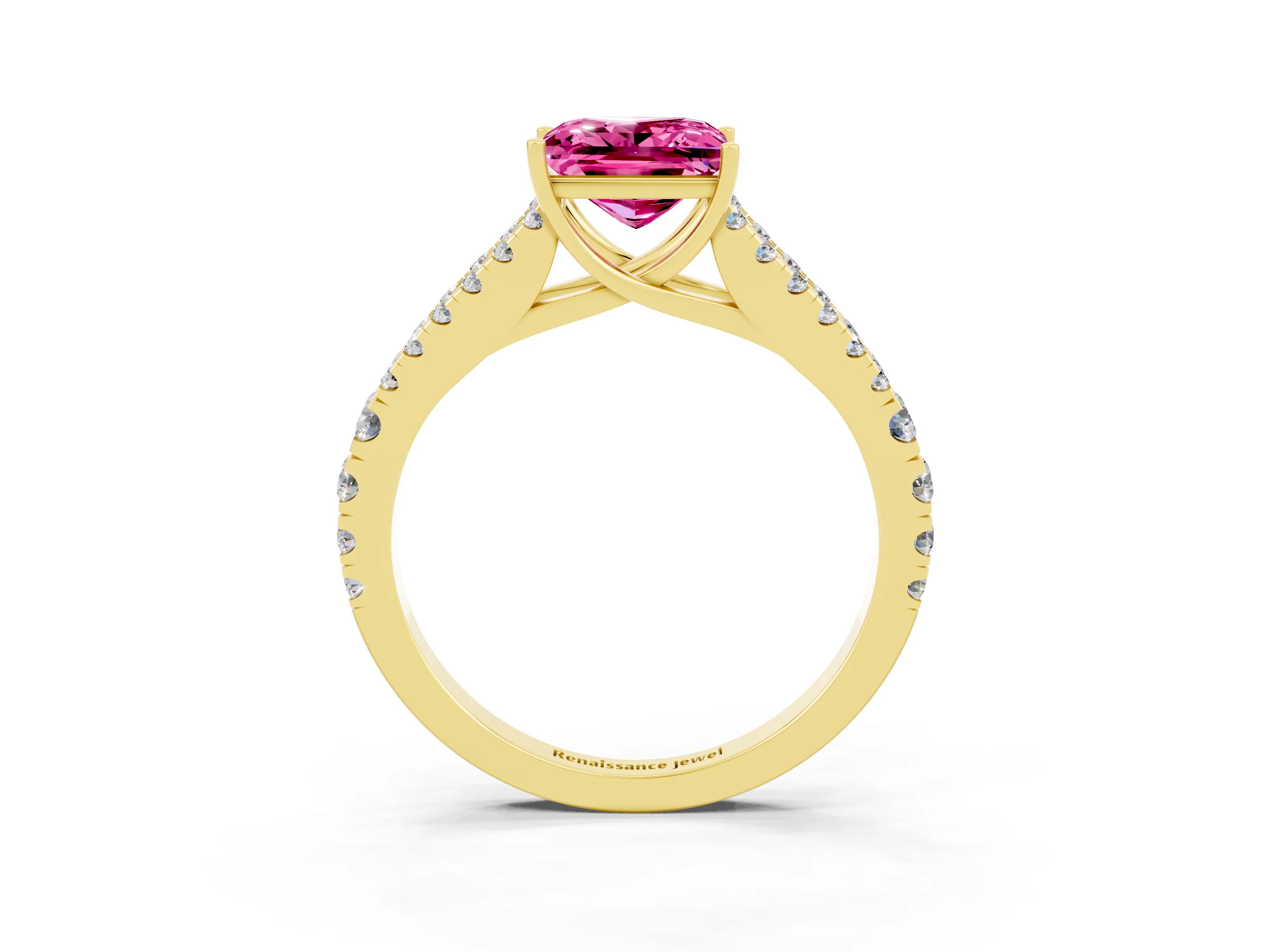 Yellow gold Princess Cut Pink Sapphire Split Shank Pavé Engagement Ring with Four-Prong Setting_15