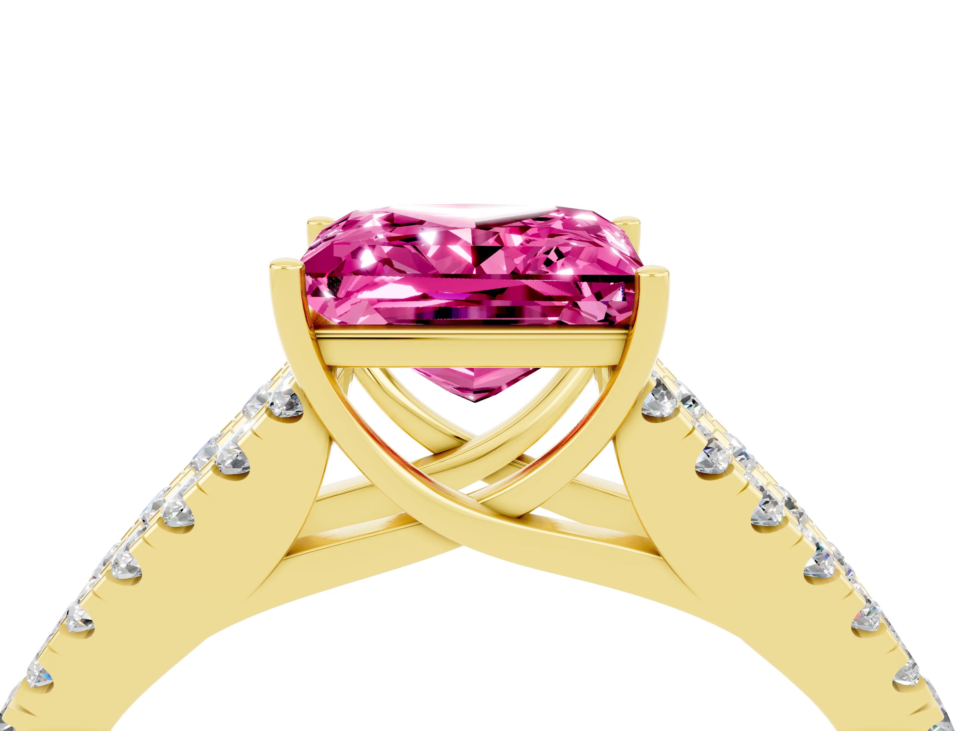 Yellow gold Princess Cut Pink Sapphire Split Shank Pavé Engagement Ring with Four-Prong Setting_16