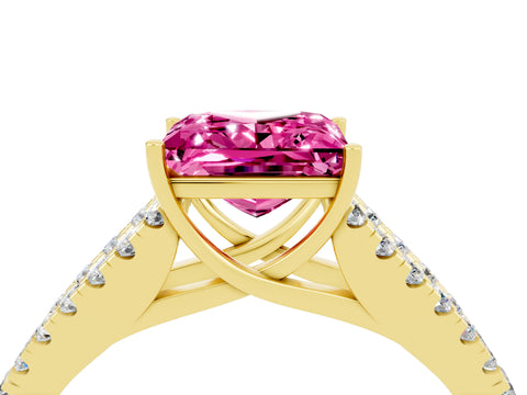 Yellow gold Princess Cut Pink Sapphire Split Shank Pavé Engagement Ring with Four-Prong Setting_16