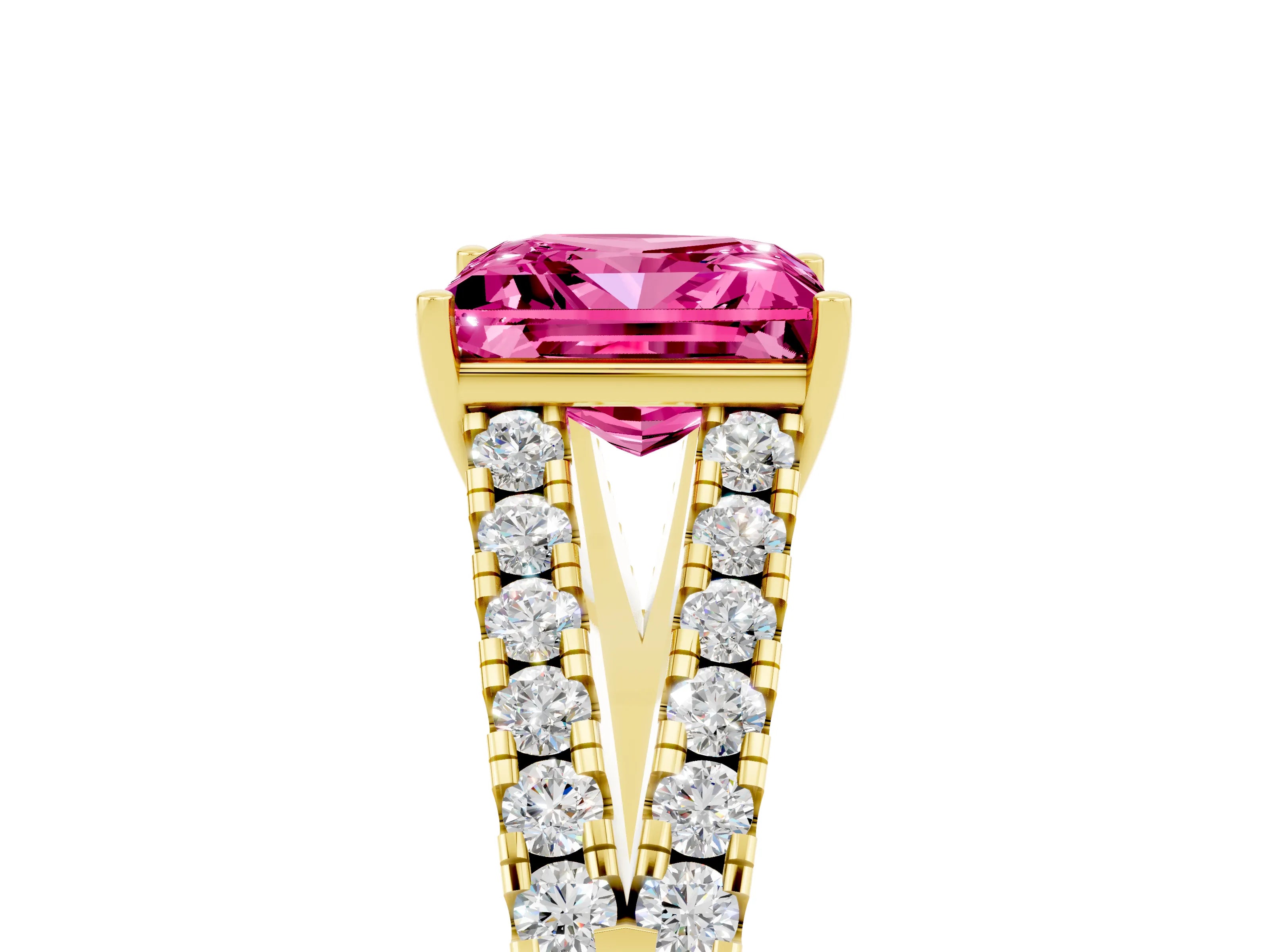 Yellow gold Princess Cut Pink Sapphire Split Shank Pavé Engagement Ring with Four-Prong Setting_17