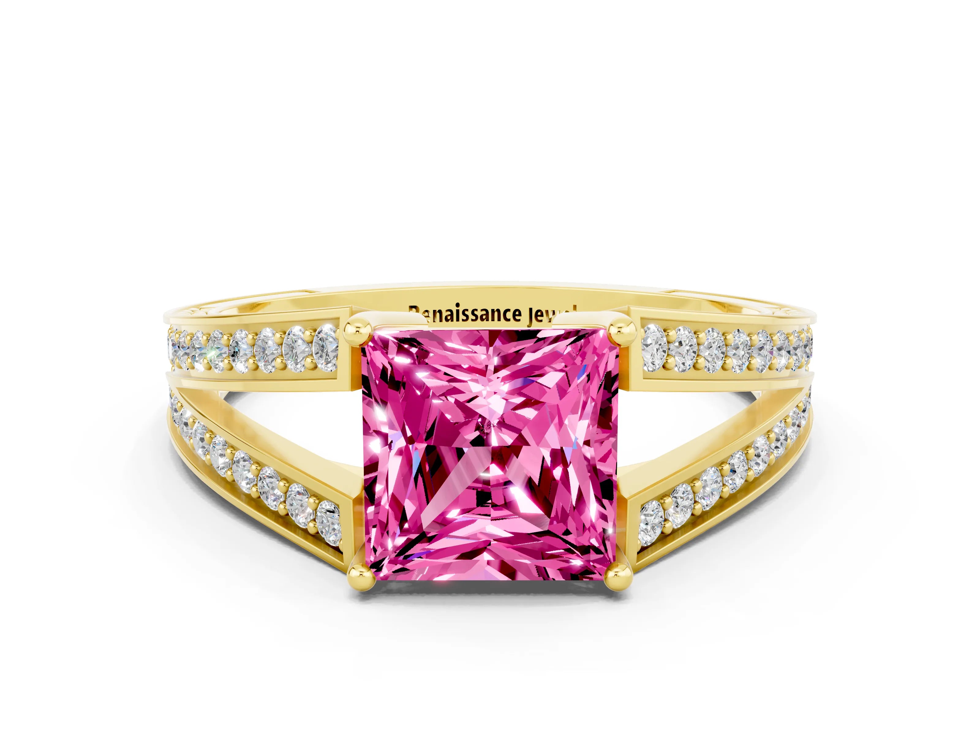 Yellow gold Princess Cut Pink Sapphire Split Shank Ring with Pavé Band and Four-Prong Setting