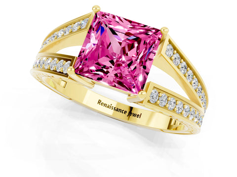 Yellow gold Princess Cut Pink Sapphire Split Shank Ring with Pavé Band and Four-Prong Setting_1