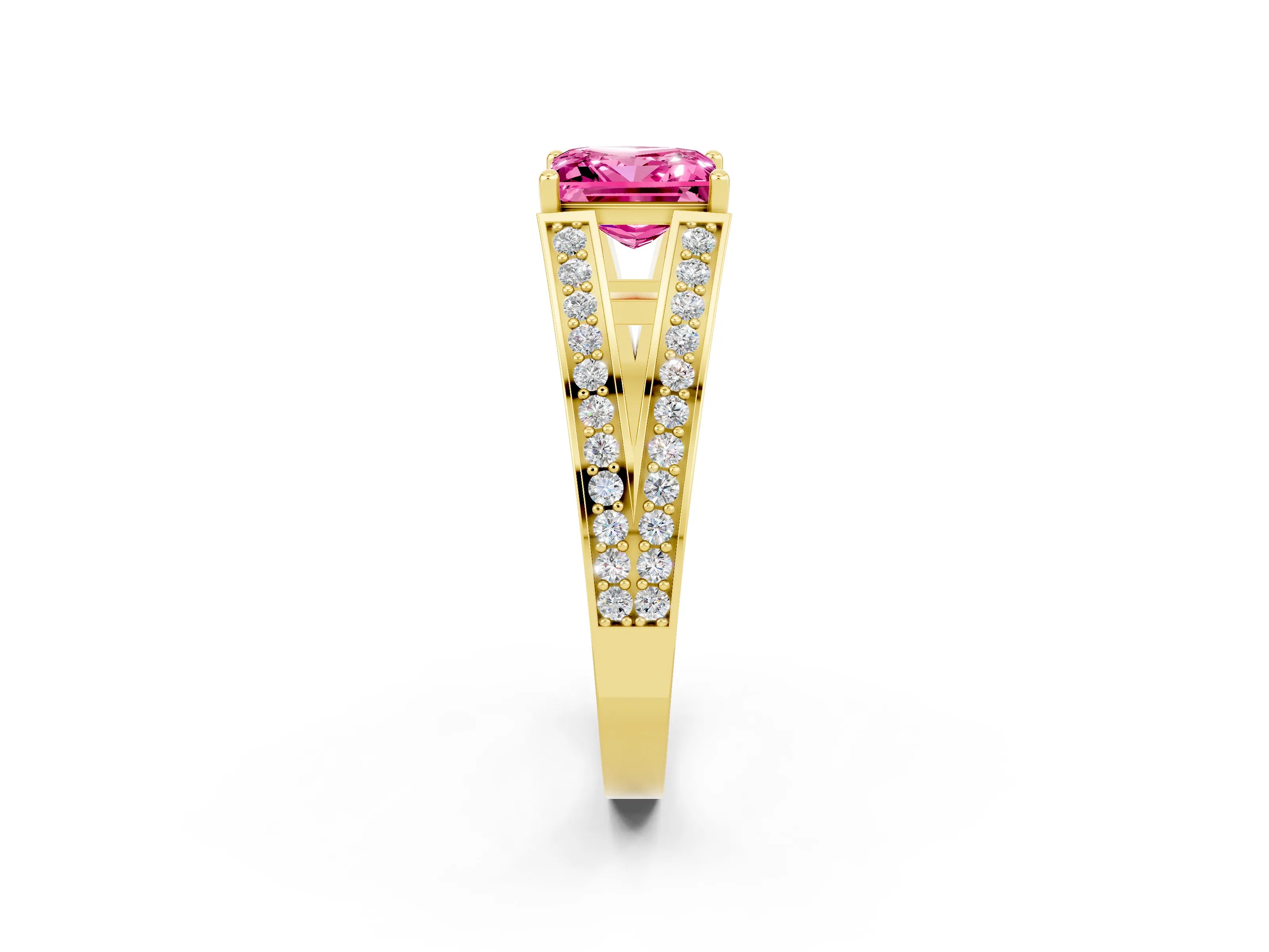 Yellow gold Princess Cut Pink Sapphire Split Shank Ring with Pavé Band and Four-Prong Setting_2