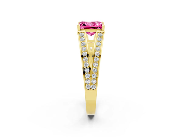 Yellow gold Princess Cut Pink Sapphire Split Shank Ring with Pavé Band and Four-Prong Setting