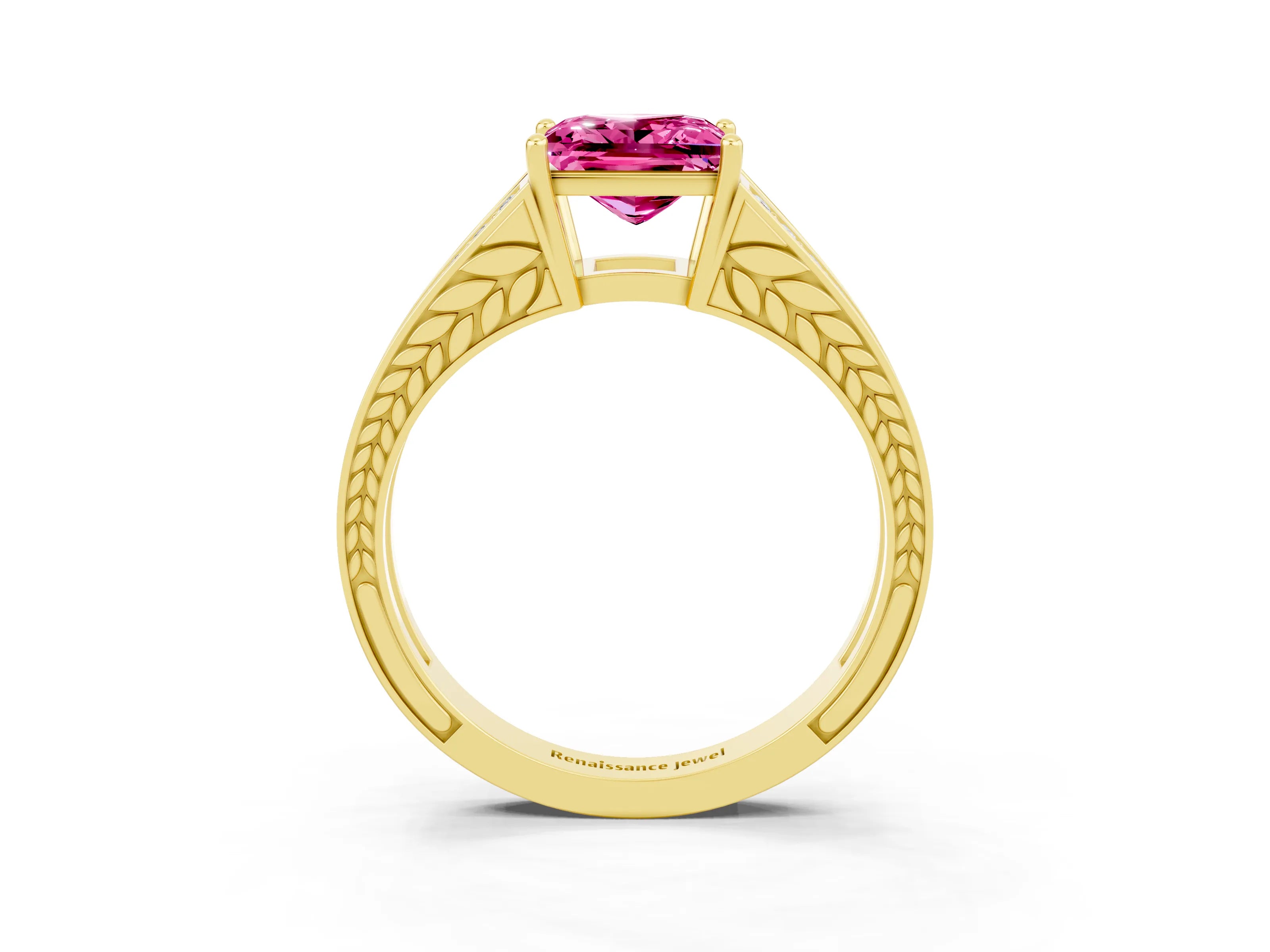Yellow gold Princess Cut Pink Sapphire Split Shank Ring with Pavé Band and Four-Prong Setting_3