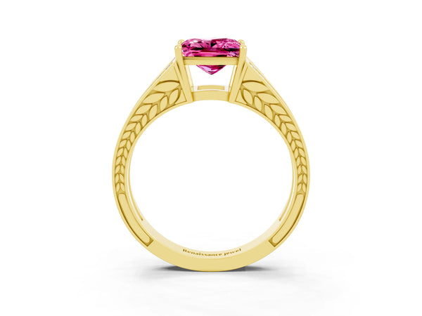 Yellow gold Princess Cut Pink Sapphire Split Shank Ring with Pavé Band and Four-Prong Setting