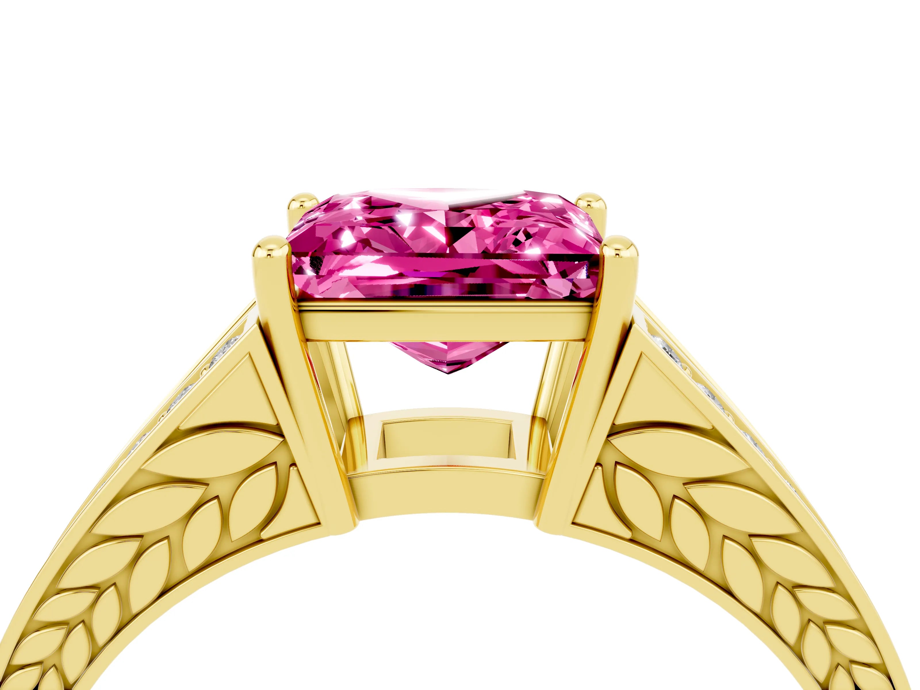 Yellow gold Princess Cut Pink Sapphire Split Shank Ring with Pavé Band and Four-Prong Setting_4